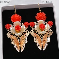 fashion show trendy exaggerated red resin flowers gold butterfly big bride drop earrings for women jewelry