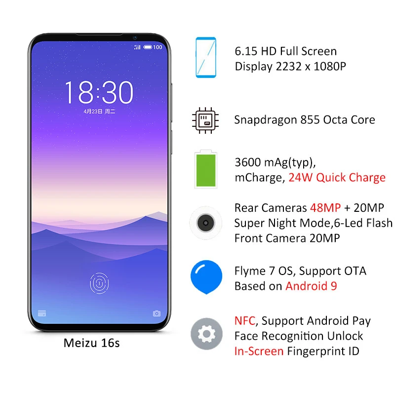 Оригинальный Meizu 16 s 8GB 128GB Смартфон Snapdragon 855 6 15 &quotFHD + AMOLED 48MP двойная камера AI