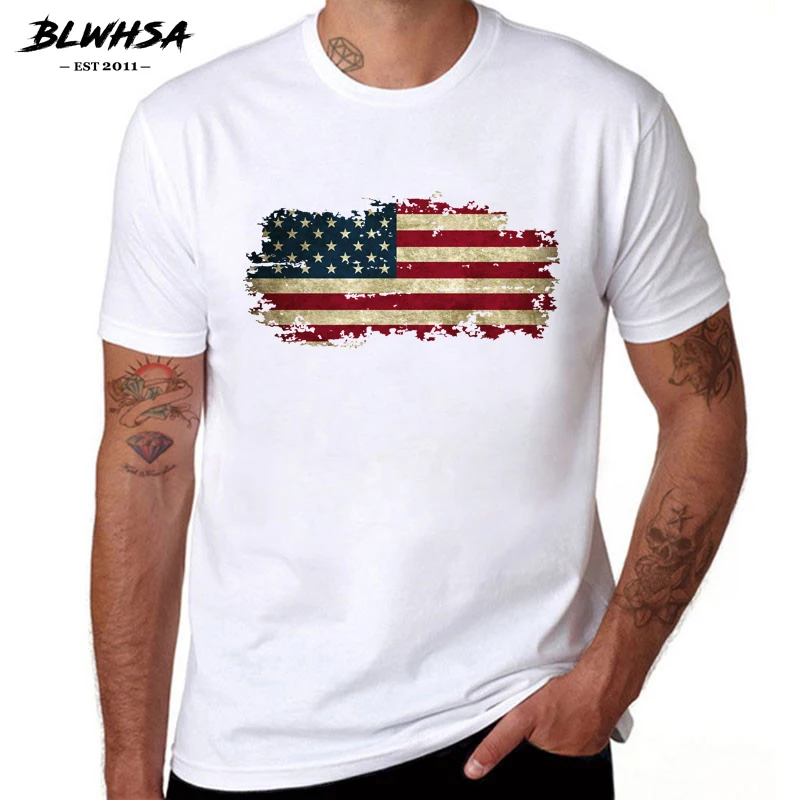 Футболка BLWHSA с американским флагом Мужская модная футболка коротким рукавом 100%
