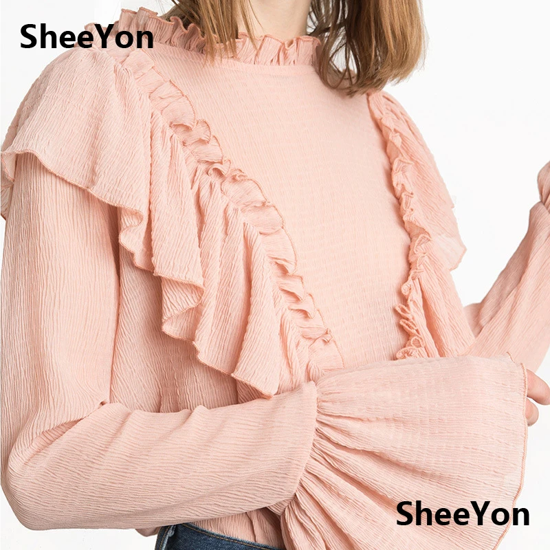 Shirts Flare long Sleeves 2017 Spring Autumn new Chiffon Ruffles shirt female loose sweet Blouses Ladies SY15SXF80 |