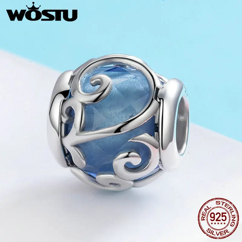 WOSTU, 925 пробы, серебряный светильник с танцующими волнами, голубой кристалл, камень, очаровательный бисер, подходит для женщин, очаровательный браслет, сделай сам, ювелирное изделие CQC557
