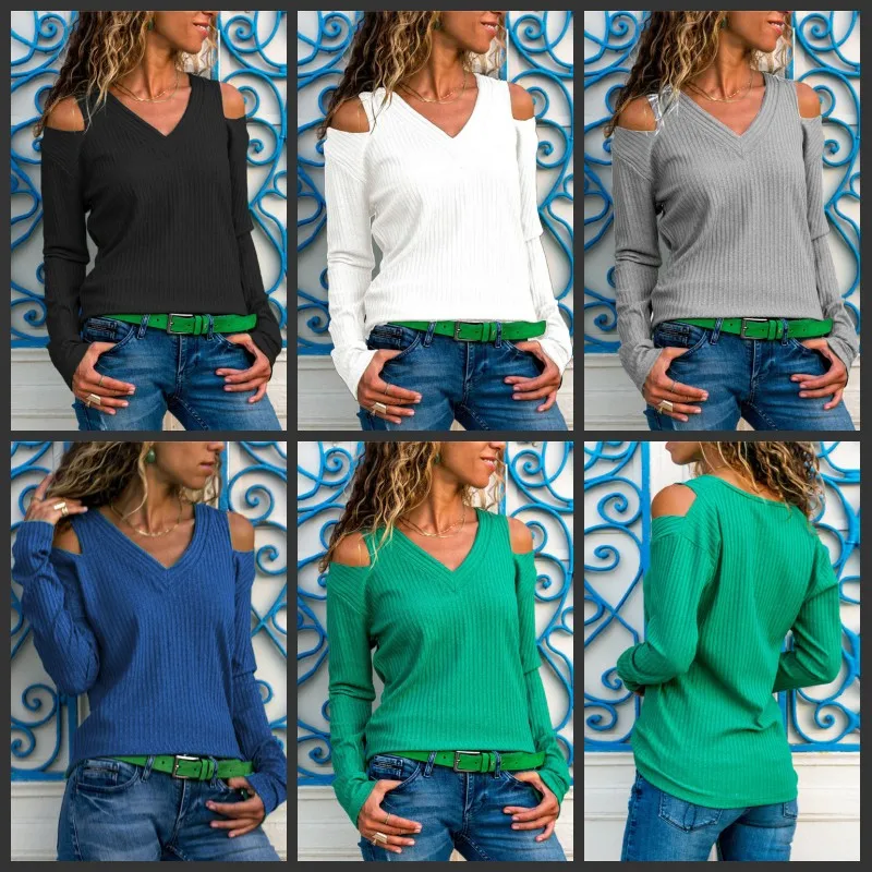 New Sweaters Fashion women 2019 Autumn Pullover Sexy V Neck Cold Shoulder Casual Solid Loose Long Sleeve Top Jumper | Женская одежда