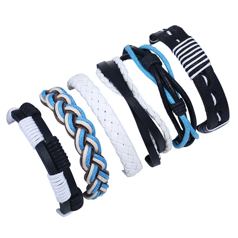 6pcs/set wholesale hippie punk wrap black white Leather macrame blue cord knot Layers stackable Bracelet Bangles man jewelry