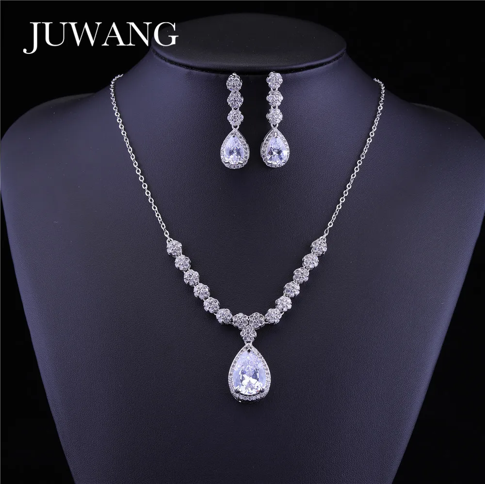 

JUWANG Sliver Color Bride Jewelry Sets For Wedding Water Drop Pendant Cubic Zirconia Fashion Necklace And Earring For Women