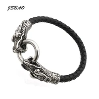jsbao vintage fashion black leather bracelet antique chinese dragon bracelet men jewelry wristbands pulseira masculina