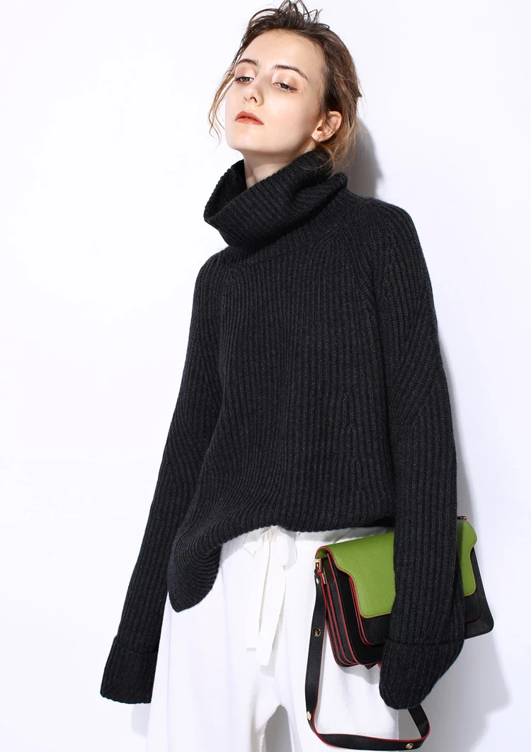 pure goat cashmere women's fashion pullover sweater irregular long turtleneck loose languid casual style solid color S/M/L | Женская