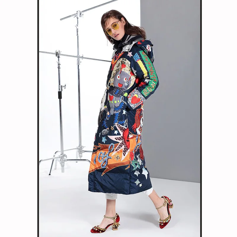 Women Winter Long Thick Duck Down Jacket and Coat Femme Cartoon Cat Print Harajuku Feather Puffer Jacket Down Parka 505