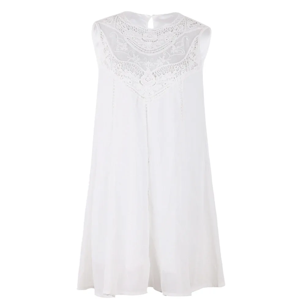 Women Casual Solid Lace Stitching O-Neck Sleeveless Chiffon Mini Dress ladies robe femme summer sundress korean dresselbise | Женская