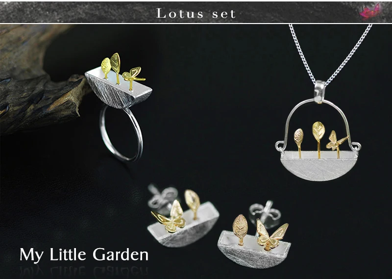 Lotus Fun реальные 925 серебро ручной работы Ювелирные украшения мой маленький сад комплект ювелирных изделий с кольцом Стад серьги кулон Neckace