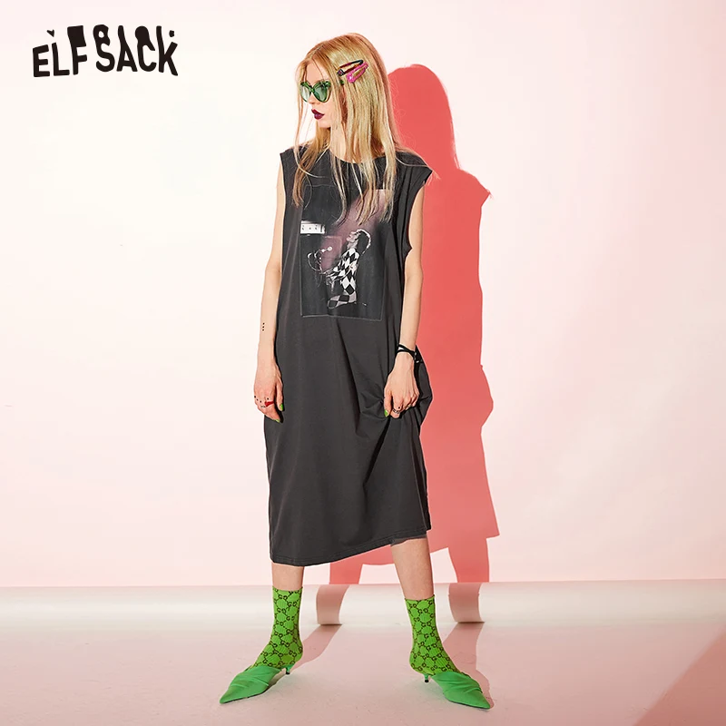 Женские винтажные платья из хлопка ELF SACK, черное повседневное праздничное платье А-силуэта без рукавов, с круглым вырезом и принтом, длиной до середины голени, для лета