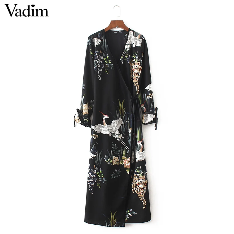 Vadim flower crane pattern maxi wrap dress v neck retro sashes bow tie long sleeve vintage bird chic loose casual Vestidos | Женская