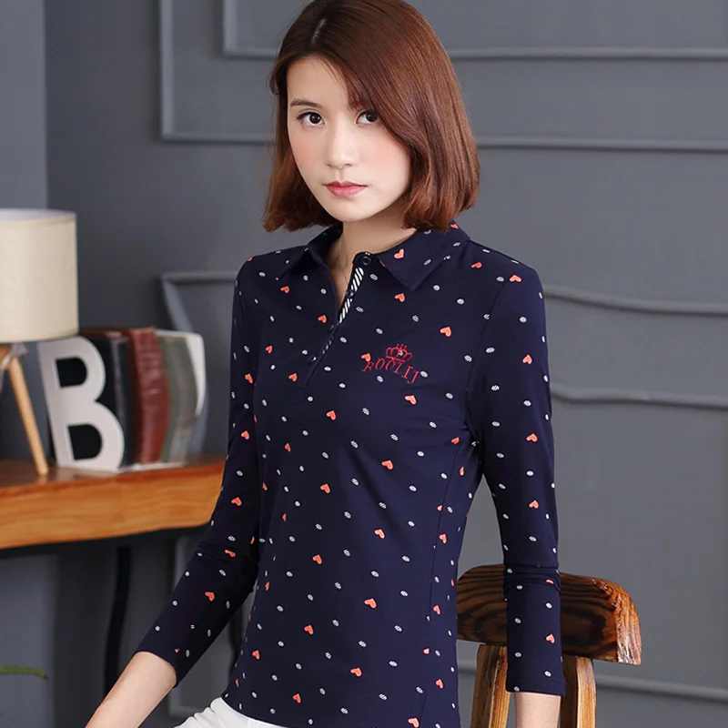 2018 Осень корейский хлопок с длинными рукавами дамы тонкий печатных поло лацкане