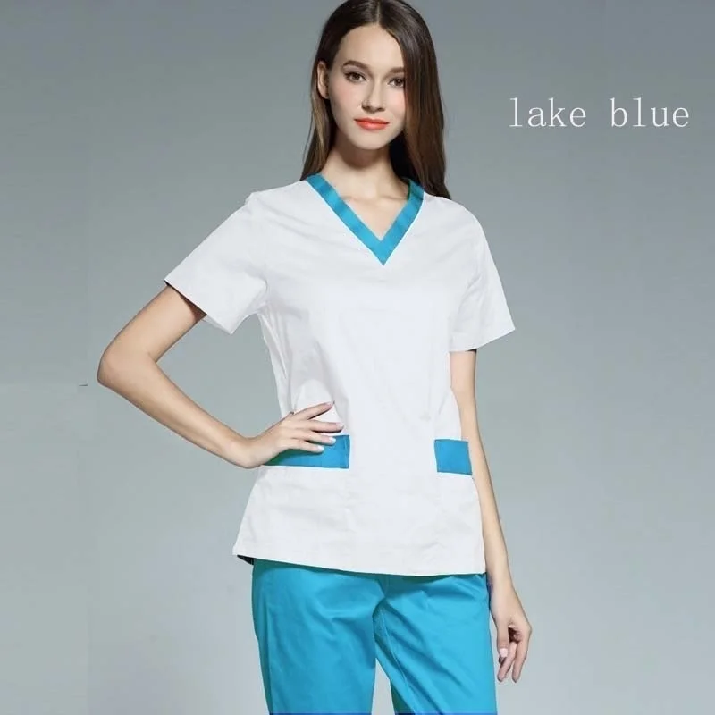 lake blue set Женская мода скрабы набор цветная Блокировка медицинская Униформа медицинский Para Mujer V шеи топ+ брюки спецодежда хлопок - Цвет: lake blue set