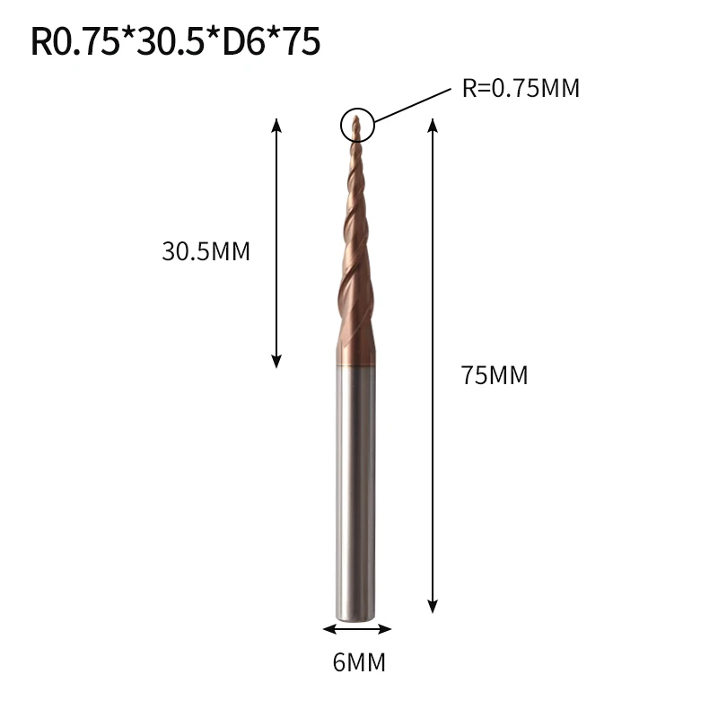 R0.75X30.5XD6X75L Augusttools 1 шт. коническая конусная фреза HRC60 из твердого карбида вольфрама коническая фреза с ЧПУ конусная резьба по дереву и металлу - Длина режущей кромки: R0.75X30.5XD6X75L