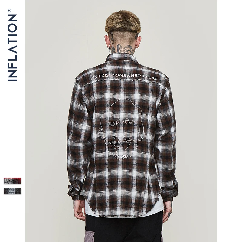 INFLATION Face Emboridery винтажная рубашка мужская клетчатая в клетку с длинными рукавами
