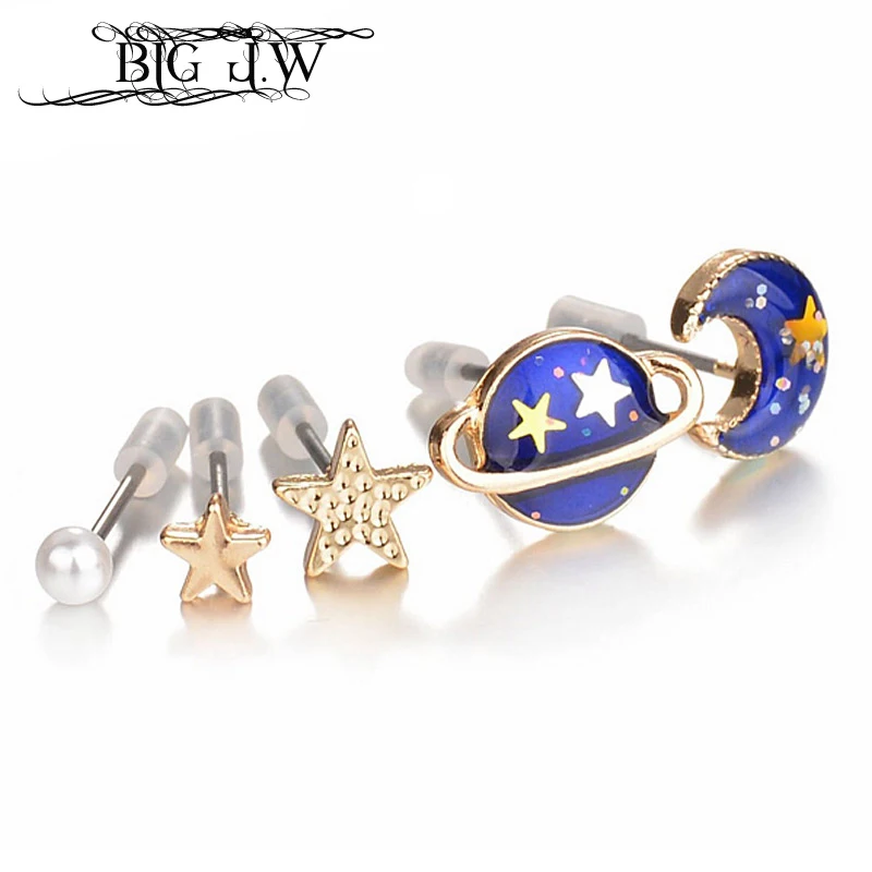 BIG J.W Minimalist Blue Star and Moon Stud Earrings Cute Delicate Yellow Jupiter Earth Personalized 5 Set | Украшения и