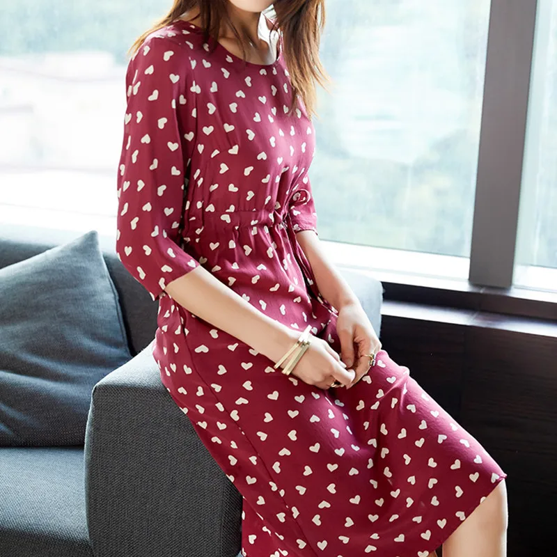 Новинка 2017 платье из чистого шелка с принтом сердца женское 100% натурального
