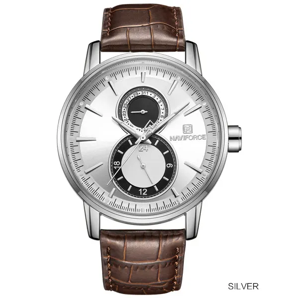 Silver NAVIFORCE мужские модные повседневные часы кожаные 24 часа Дата наручные часы мужские s водонепроницаемые аналоговые кварцевые наручные часы Masculino - Цвет: Silver