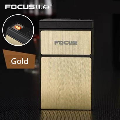 Golden Металлический чехол для сигарет, электронная USB Зажигалка, 20 шт., водонепроницаемый держатель для хранения сигарет, плазменная дуговая зажигалка, мужские подарки - Цвет: Golden