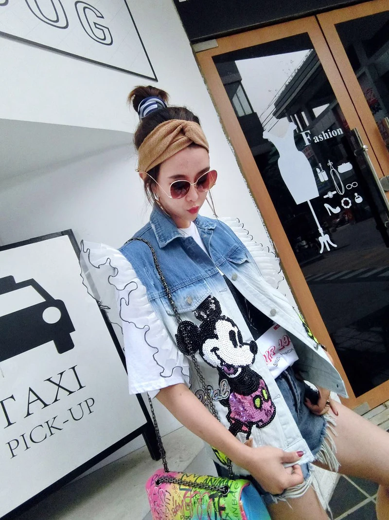 Опрятный стиль милые девушки градиент цвета промывали джинсовой жилет блестками