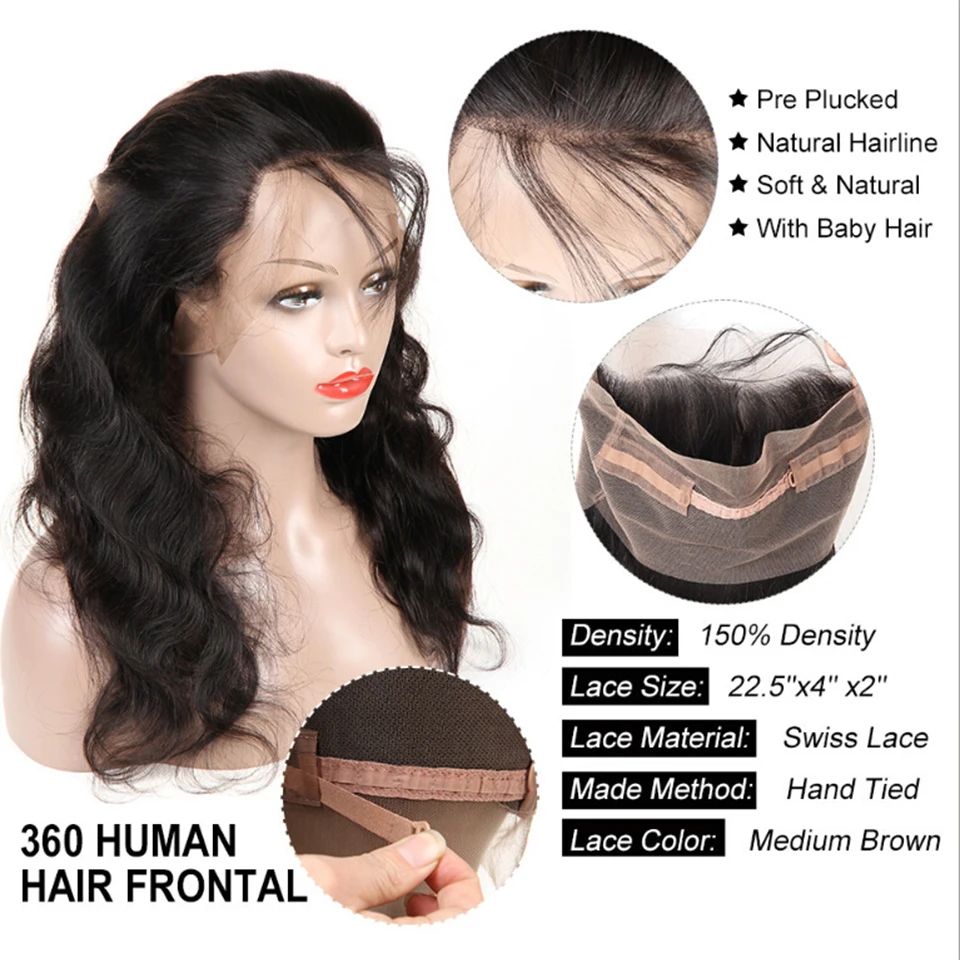360 Frontal With Bundles Brazilian Body Wave Queen Mary 100% Non Remy Human Hair Weft Pre Plucked Lace Bundle | Шиньоны и парики