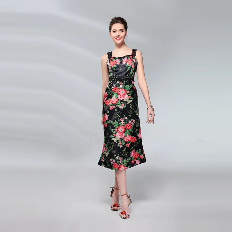 2022 Summer New Arrival Fashion A-Line Square Collar Spaghetti Strap Sleeveless Flower Print Elegant Mid-Calf Dress Women