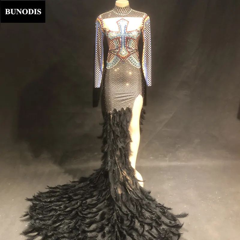 ZD314 Women Sexy Long Sleeve Cross Skirt Black Feather Tail Big Colorful Sprakling Crystals Nightclub Party Dancer Stage Wear