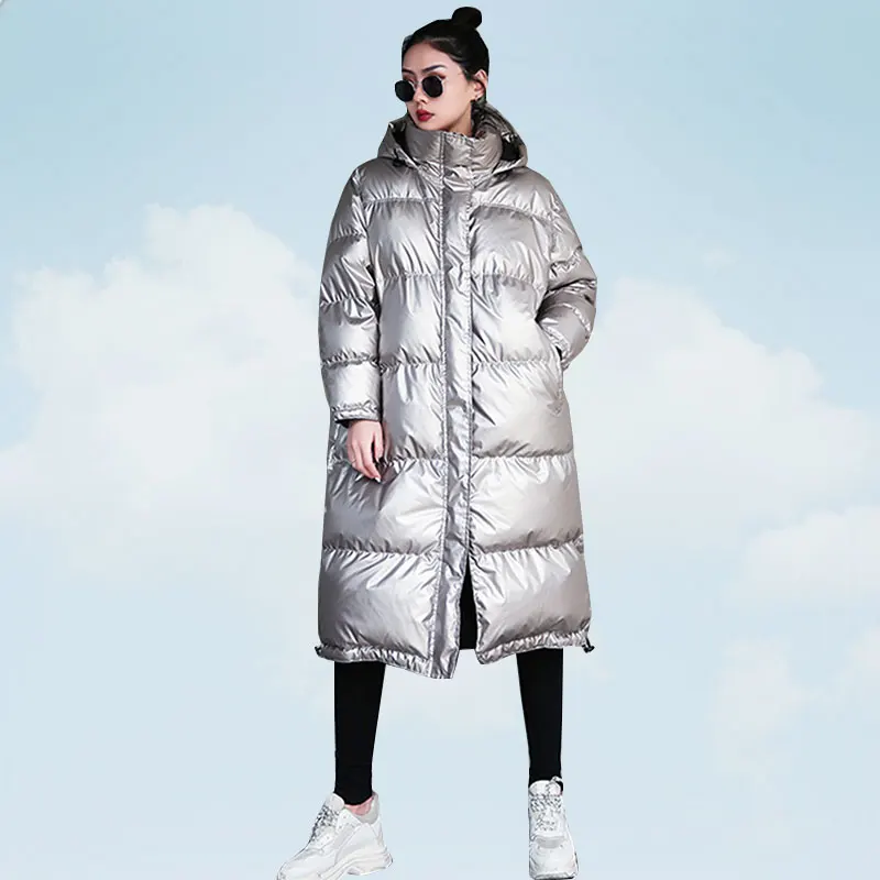 Long Silver Jackets Women Parka Winter Warm Outerwear Fashion Bright Cotton Coat Ladies Winter Loose Down Jacket Thick T399