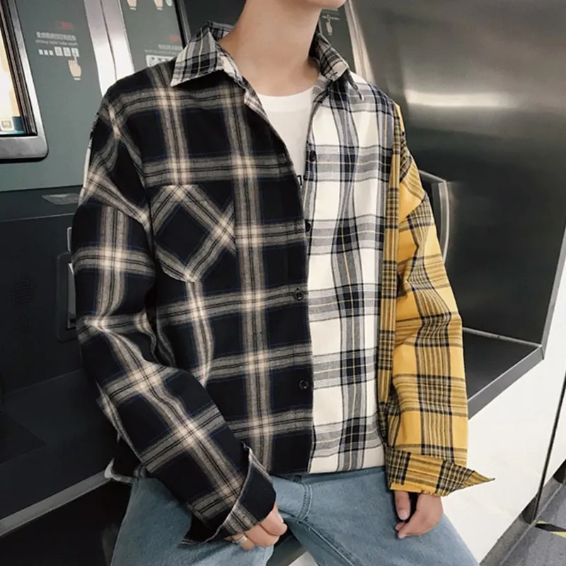 Мужские рубашки с длинным рукавом Harajuku клетчатые Лоскутные мужские уличные хип