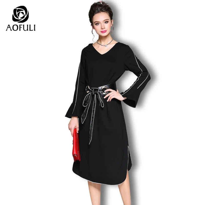 AOFULI M/L/XL Плюс Размер Черное миди платье лента поясом футболка с длинным рукавом до