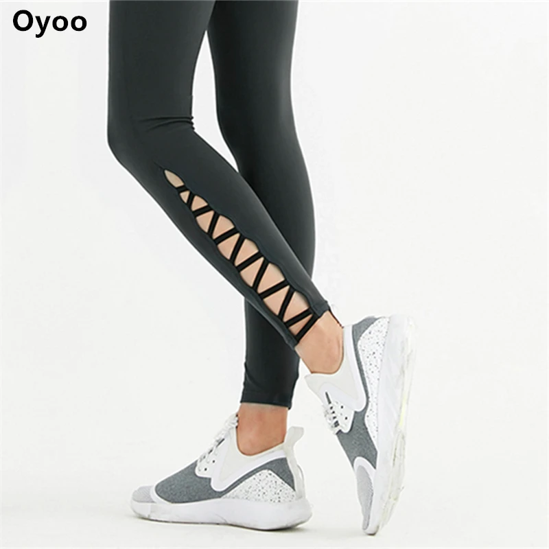 Oyoo темно strappy вырез компрессионные штаны для йоги плотные эластичные Леггинсы