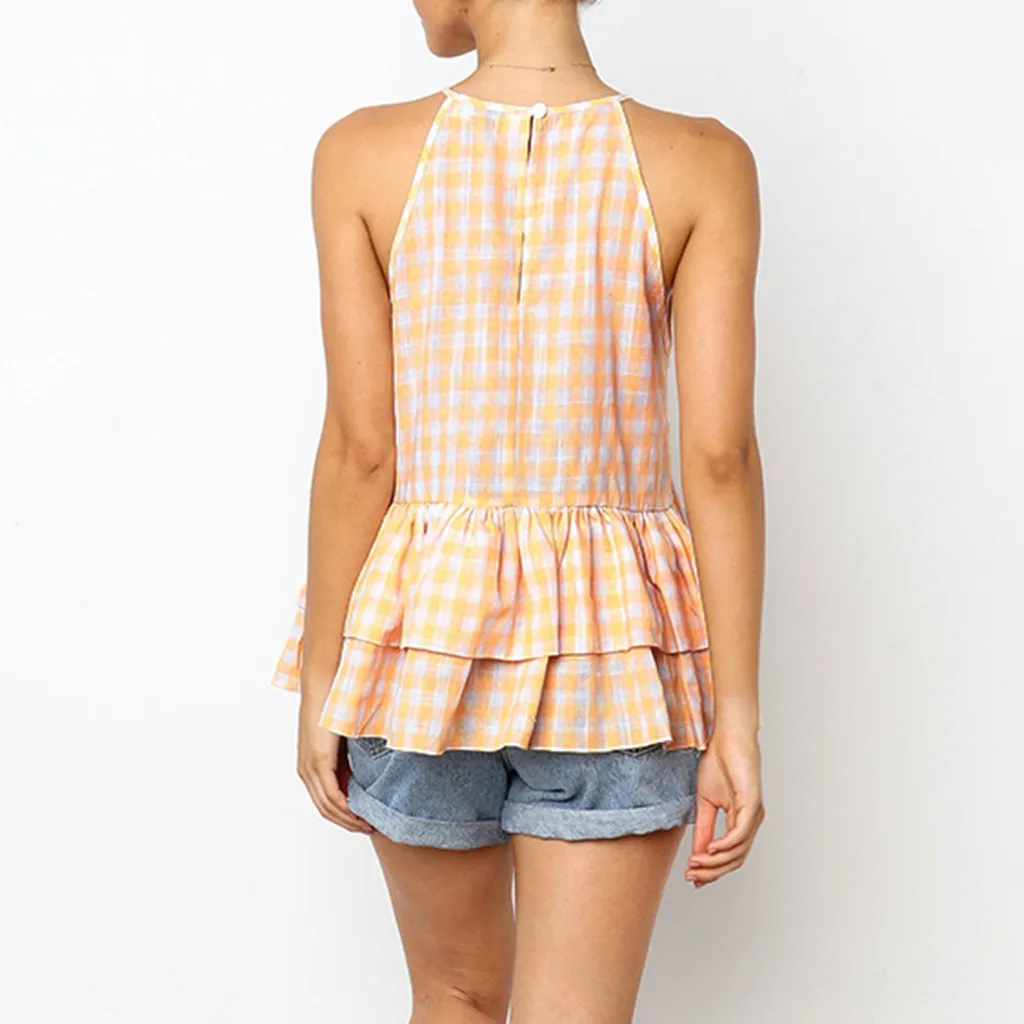 Sexy Tops Women Casual Plaid Ruffles Short Sleeveless Tank Top T Shirt Vest Blouse Camisole Clothing Summer Beach |