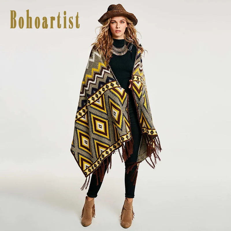Bohoartist Для женщин осенняя накидка желтый геометрический текстильный принт