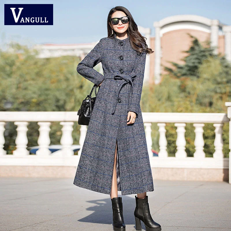 Dark Blue Vangull шерстяное Женское пальто высокого качества классические длинные шерстяные пальто новые шерстяные куртки Тренч зимняя верхняя одежда клетчатые женские пальто - Цвет: Dark Blue