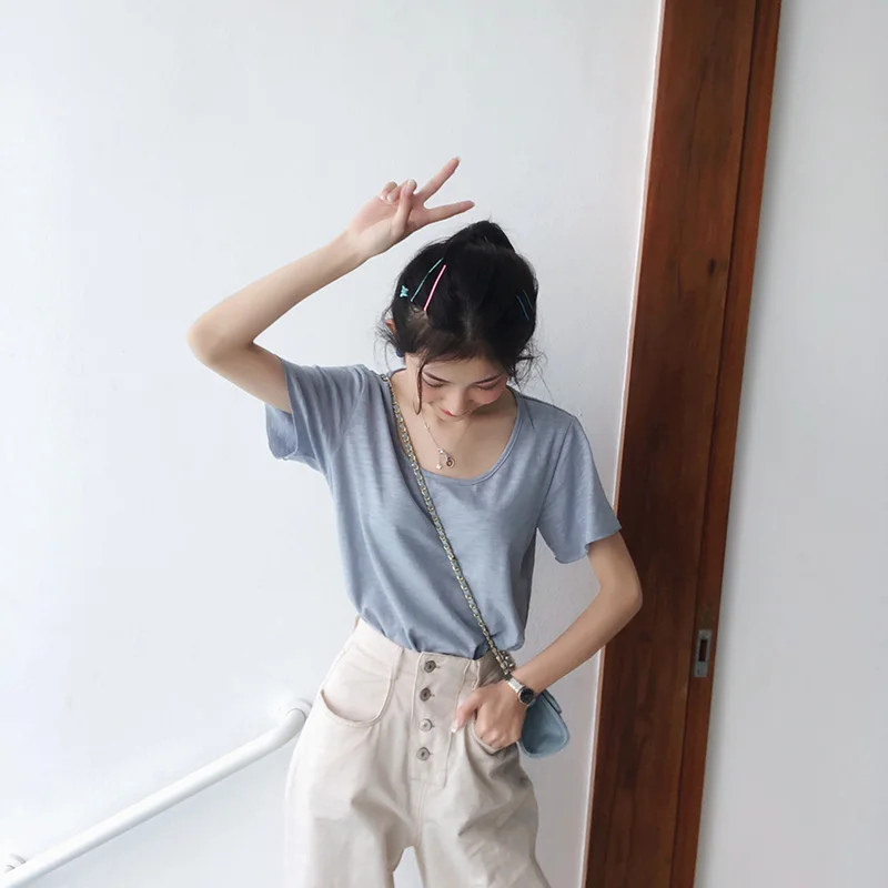 Light blue Mishow, одноцветная футболка в Корейском стиле, женская тонкая футболка, топ, Женская свободная летняя базовая одежда, мягкие хлопковые футболки MX19B3348 - Цвет: Light blue