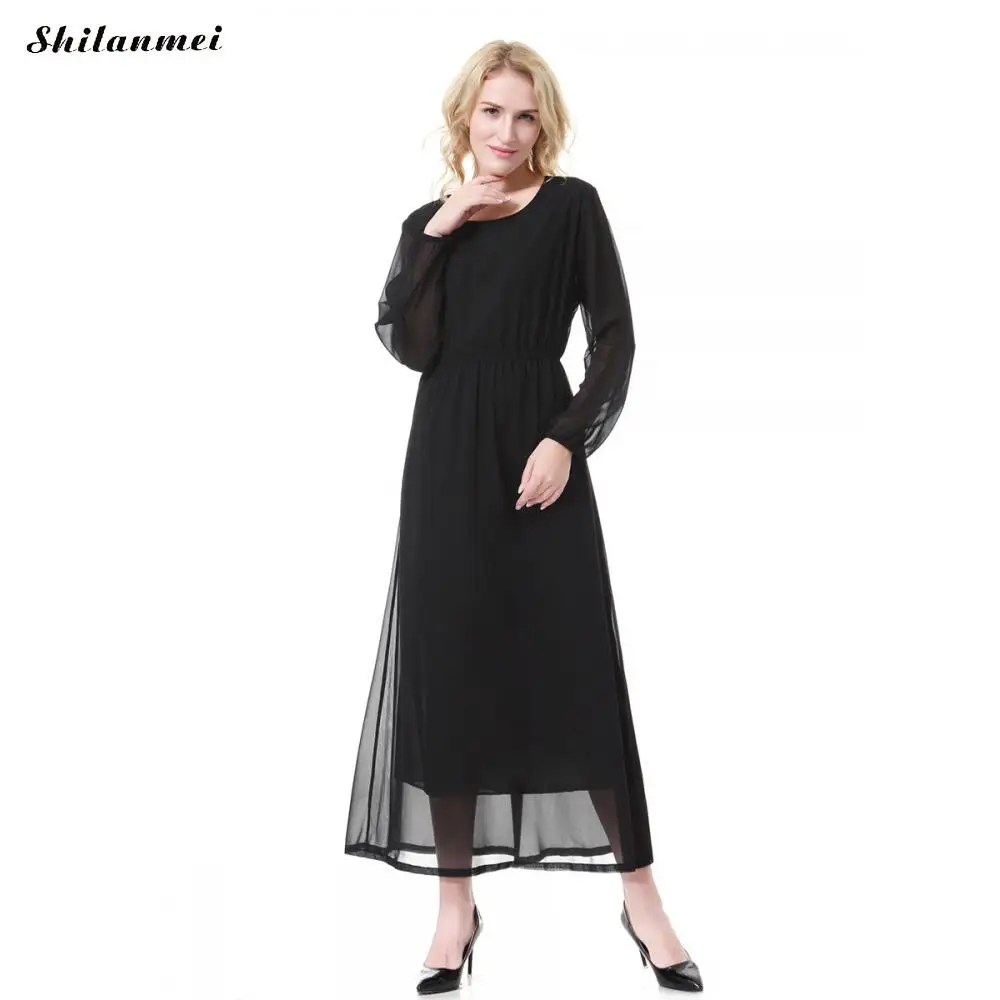 Женское шифоновое мусульманское платье макси с длинным рукавом Musulman Abayas розовое