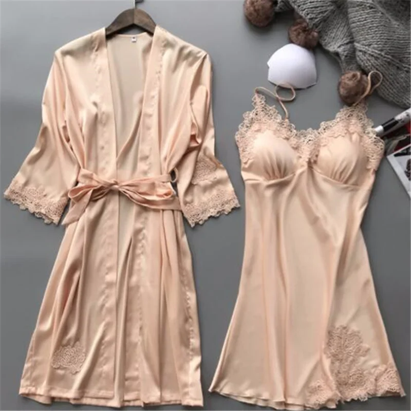 Light Yellow Сексуальный комплект из двух предметов, одежда для сна, Атласный халат, комплекты платьев, женская ночная одежда, халат, кимоно, ночная рубашка, голубой кружевной пеньюар H860 - Цвет: Light Yellow