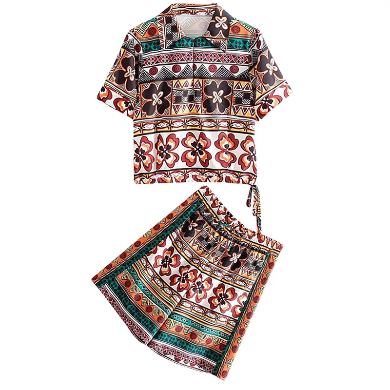 

Set female 2019 summer new temperament fashion printing short-sleeved jacket + high waist shorts elegant casual two-piece