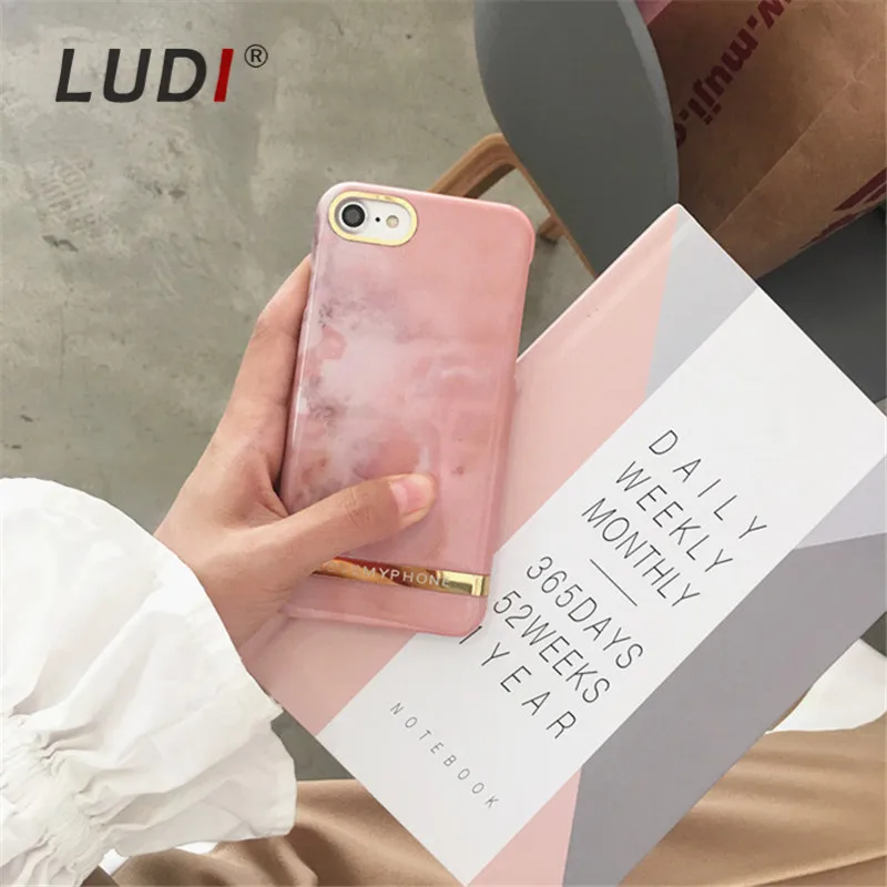 Чехол LUDI в Корейском стиле с золотистым и Розовым Мрамором для iPhone X 8 7 7Plus тонкие
