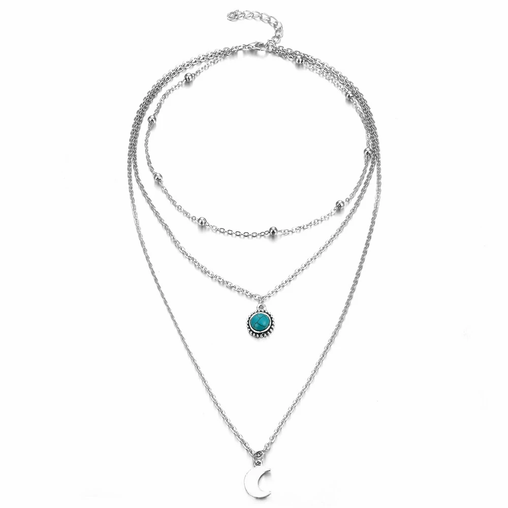 Silver Винтажные серебряные Многослойные женские ожерелья с Луной, ожерелье с кулоном из зеленого камня в стиле бохо, модное ожерелье-чокер из бисера, украшение на воротник - Окраска металла: Silver
