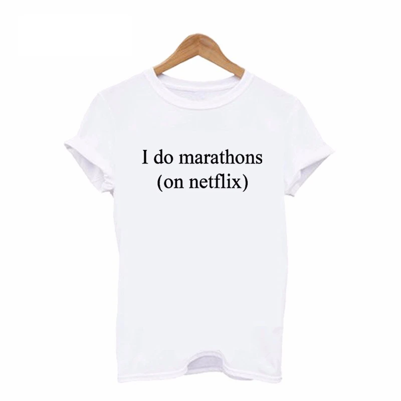 Женская летняя футболка с надписью I Do Marathons on Netflix белая забавным коротким