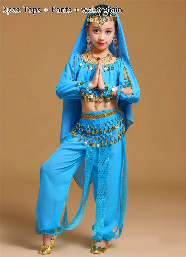 3pcs light blue Дети живота танцевальные костюмы для девушек индийский танец этап платье для сцены с длинным рукавом Восточная одежда детей болливудские танцы - Цвет: 3pcs light blue