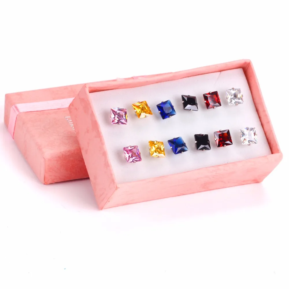 Серьги-гвоздики LUXUKISSKIDS 6 пар/кор. CZ из нержавеющей стали квадратный Пирсинг 3/5/7 мм