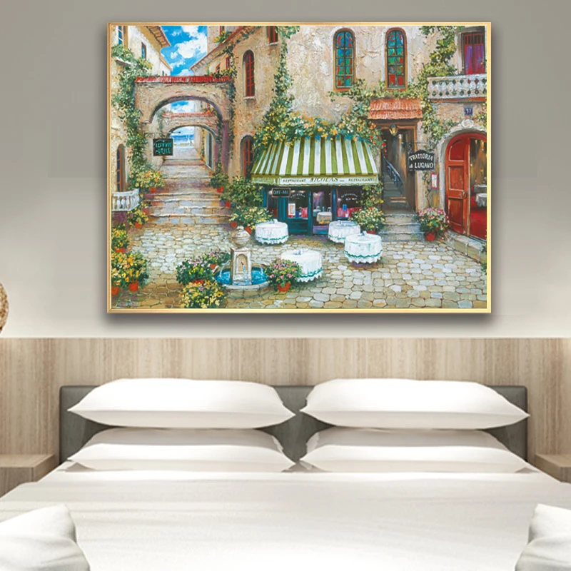 Средиземноморский Цветок Сад кофейный дом пейзаж холст печать масляная живопись