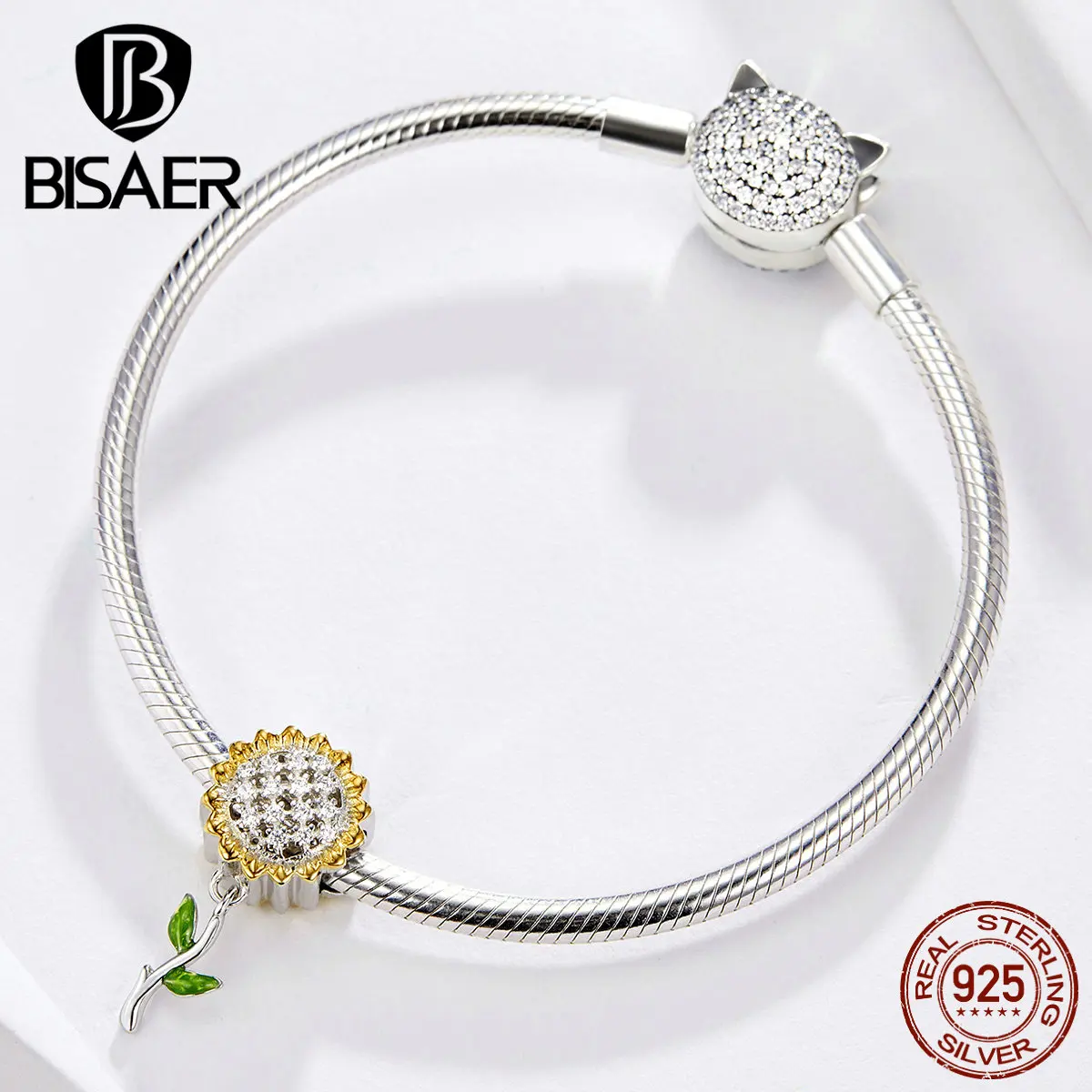BISAER летние Подвески 925 пробы серебряные солнечные цветы бусины кубический циркон Кристалл Шарм подходит для браслетов DIY Ювелирные изделия ECC1211
