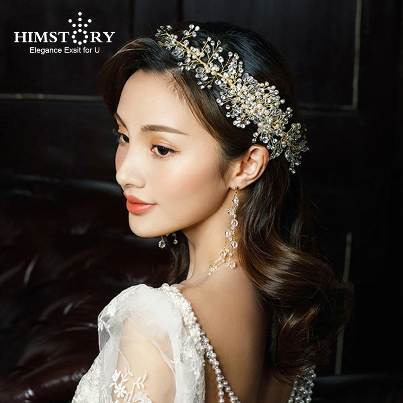 

HIMSTORY Handmade Long Hair comb brides Rhinestone Pearl copper Wire Sweet Luxury Wedding Hair Comb Bride Headdress Hairwear
