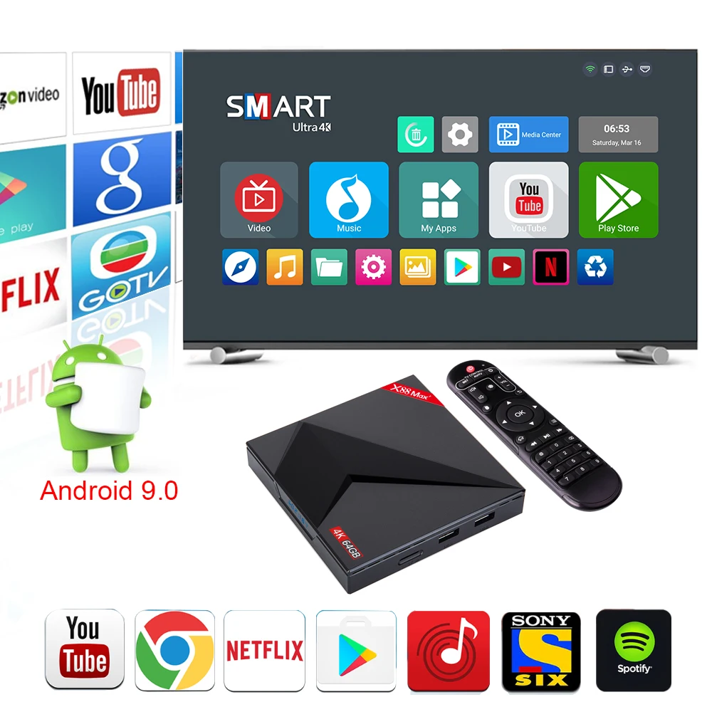 Android 9 0 ТВ-приставка 4 Гб ОЗУ 64 ПЗУ X88 MAX PLUS RK3328 четырехъядерный TYPE-C 2 4G/5 Ghz двойной WiFi