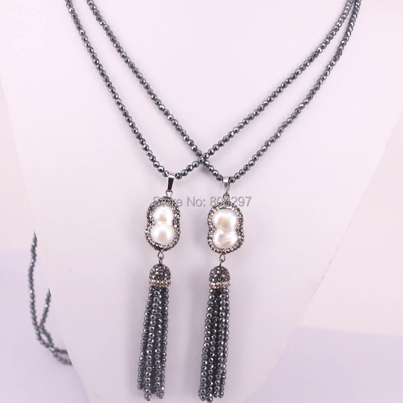 5 прядей ожерелье с черной кисточкой для женщин beads бусины и проложить CZ натуральный жемчужный длинное ожерелье
