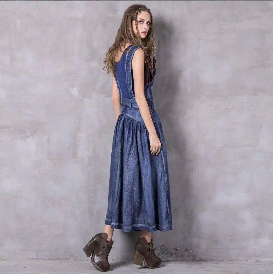 

Women's Summer strap dress Embroidered vintage long denim dress female High quality denim blue dress