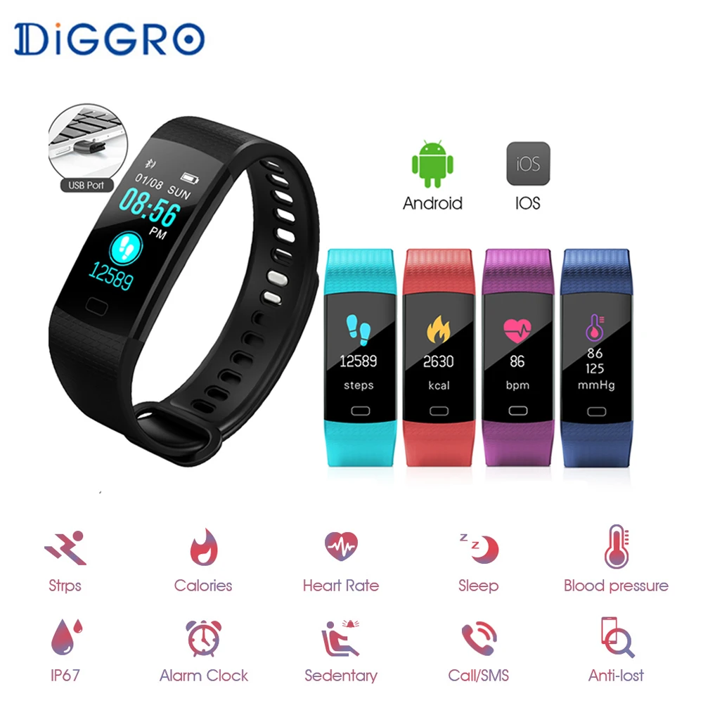 Фитнес трекер Diggro DB07 умный Браслет спортивный HD цветной пульсометр артериальное